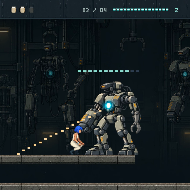 Maya dodges the robot boss in BLUE STEEL